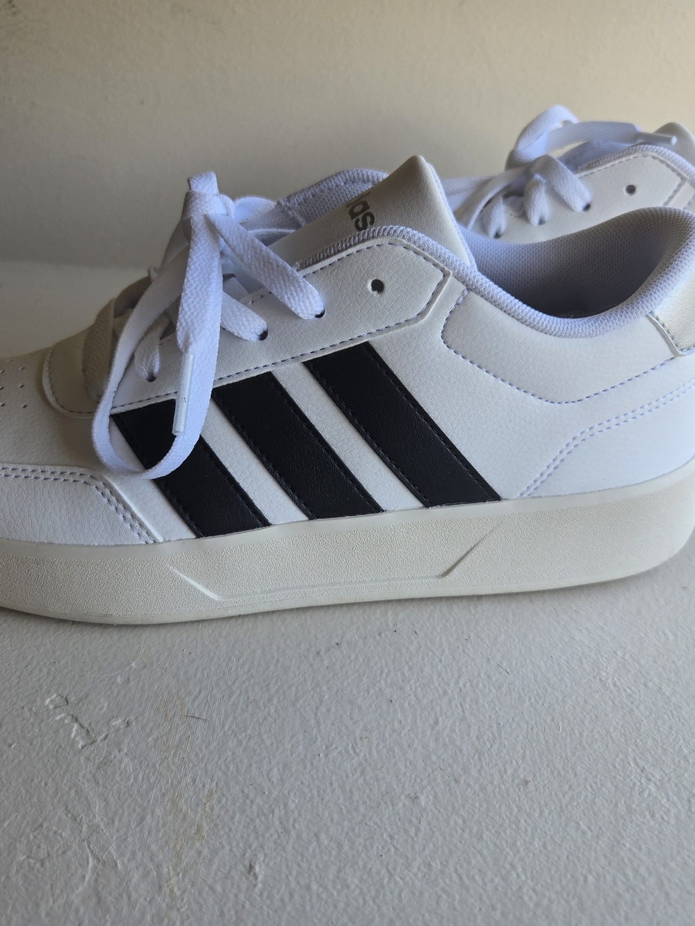 Adidas White Sneakers with Navy Stripes